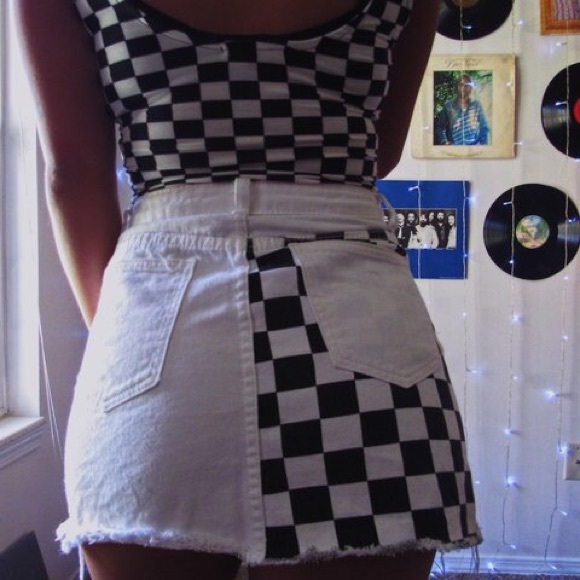 Checker White/Black Punk Grunge Denim Mini Skirt - Picture 5 of 7